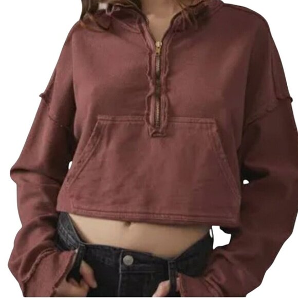 Free People We The Free Kitty Pullover Faded Rust Pockets Zip Raw Seams Size L - Picture 5 of 12